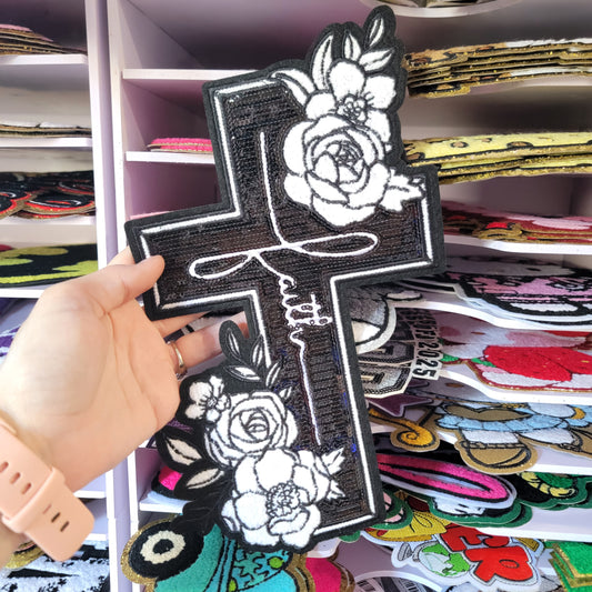 Faith Cross and Roses Sequin Patch