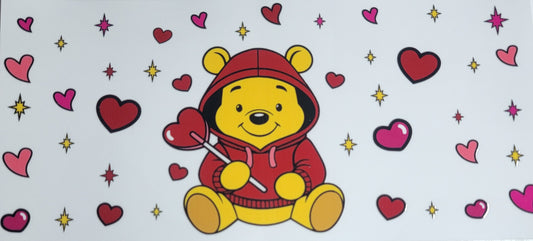 Valentines Yellow Bear With Heart Lolipop - 16 oz Libby UV DTF Wrap RTS