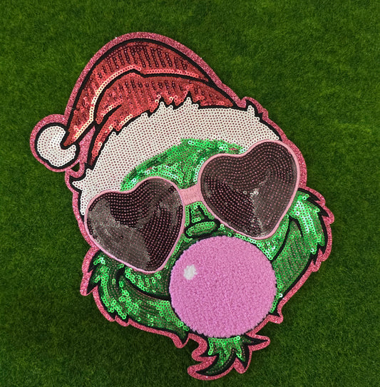 Bubble Blowing Mean Green Christmas Sequin Patch