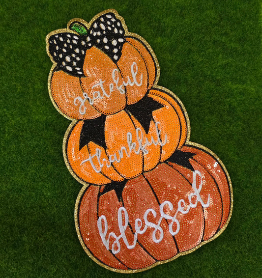 Fall Stacked Pumpkins Grateful Thankful Blessed Sequin Patch