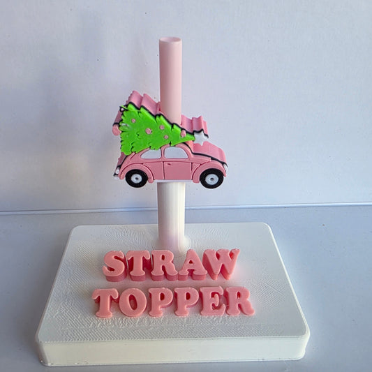 Christmas Pink Beetle Car and Tree 3D Printed Straw Topper