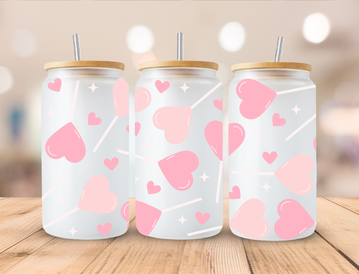 Valentines Baby Pink Heart Lollipops - 16oz/20oz Libby UV DTF Wrap