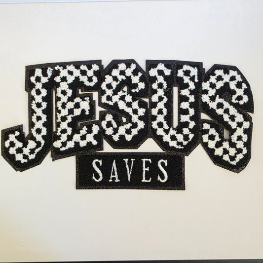 Black Checkered JESUS SAVES - Chenile Patch