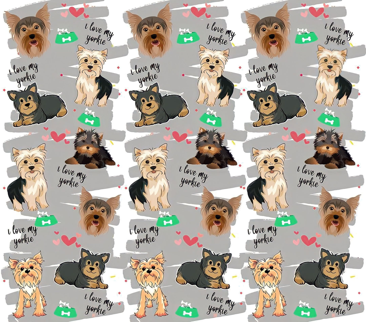 Yorkie Appreciation - Cartoon - "I love My Yorkie" - Assorted Colored Dogs w/ Grey Background - 20 Oz Sublimation Transfer