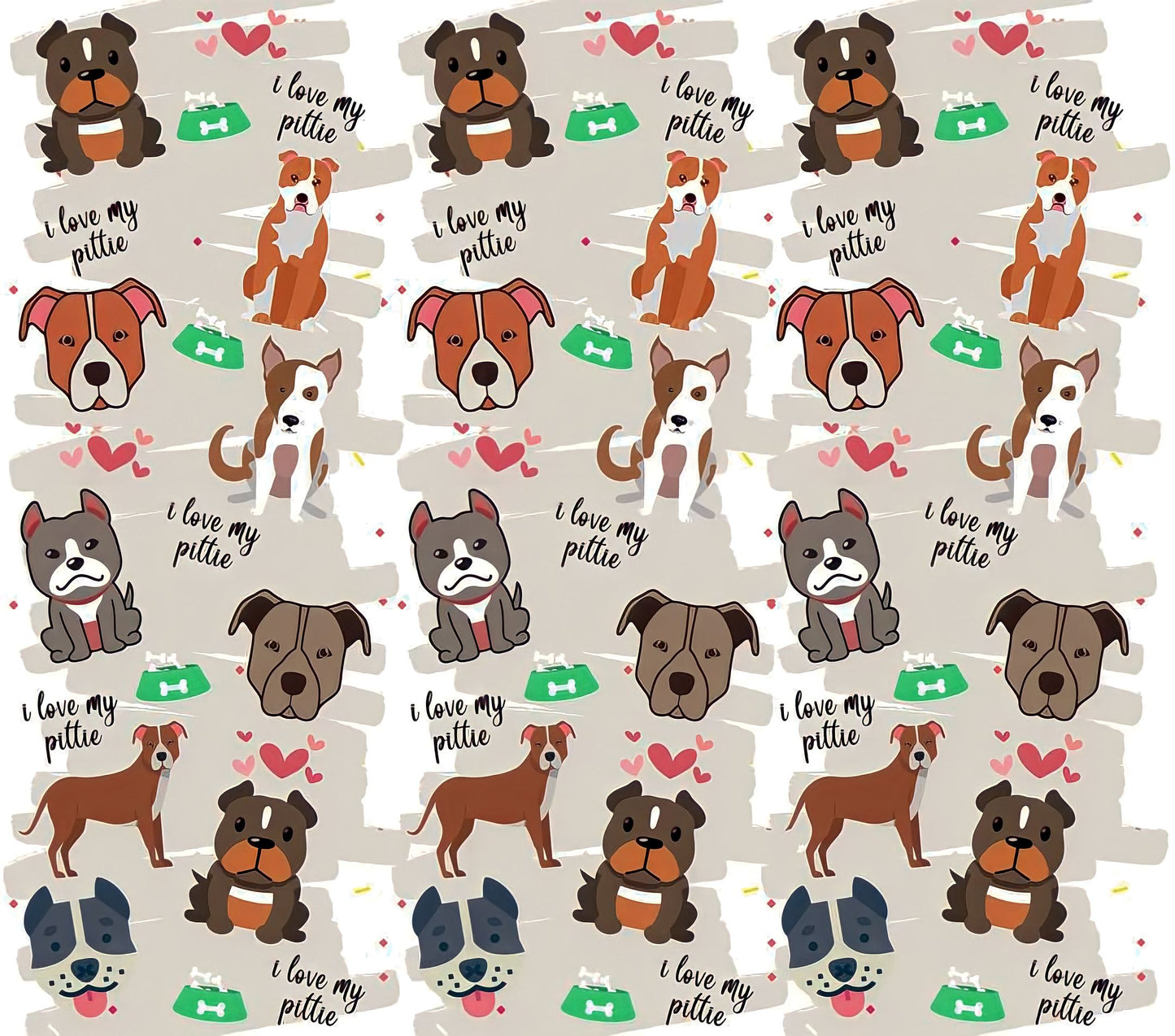 American Bull Dog Appreciation - Cartoon - "I Love My Pittie" - Assorted Colored Dogs w/ Silver Background - 20 Oz Sublimation Transfer