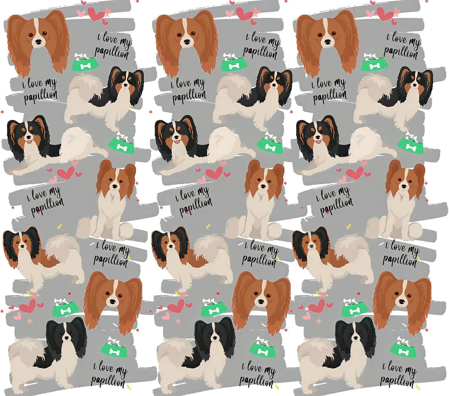 Papillion Appreciation - Cartoon - "I Love My Papillion" - Assorted Colored Dogs w/ Grey Background - 20 Oz Sublimation Transfer
