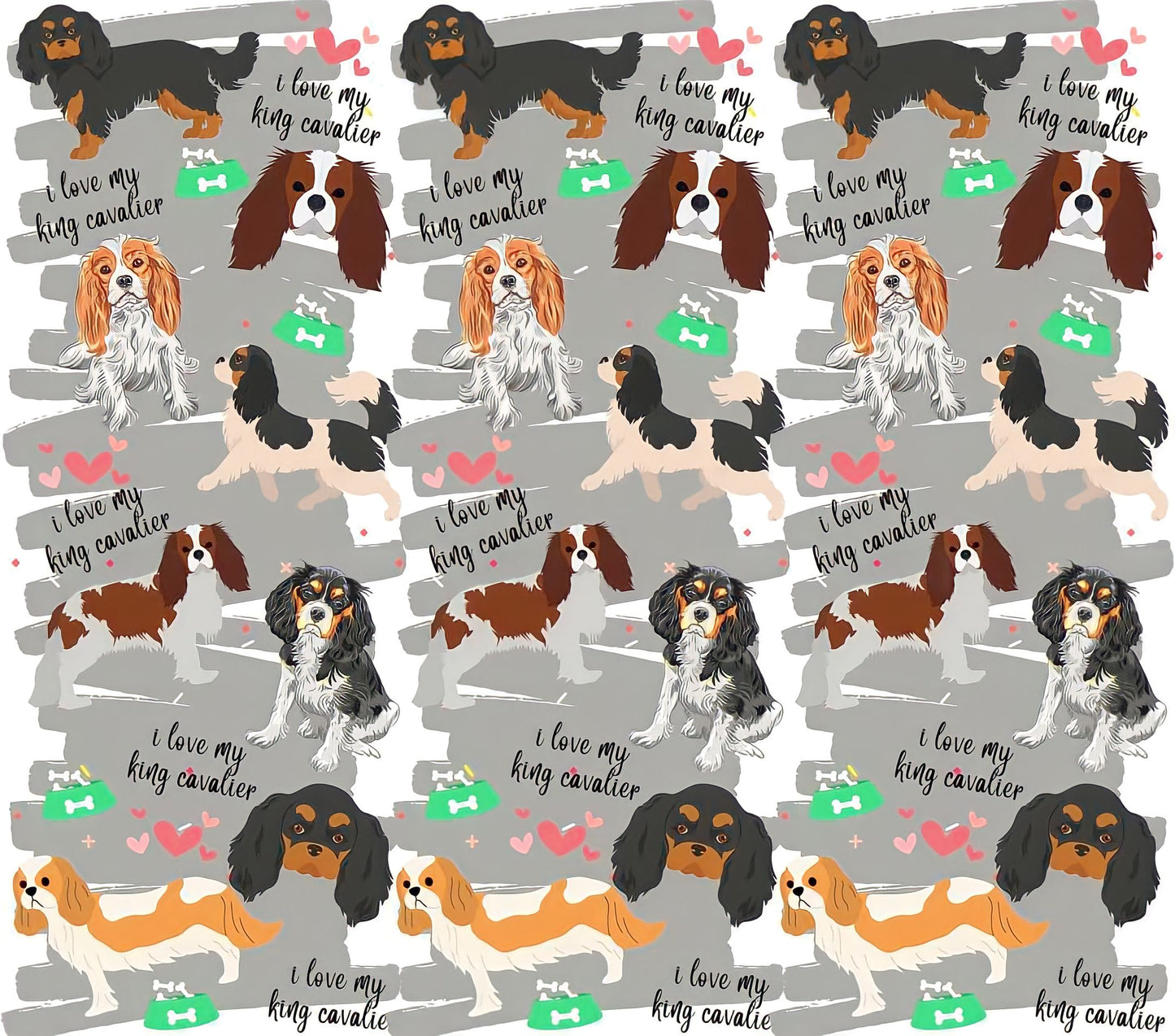 Cavalier Appreciation - Cartoon - "I Love My King Cavalier" - Assorted Colored Dogs w/ Grey Background - 20 Oz Sublimation Transfer