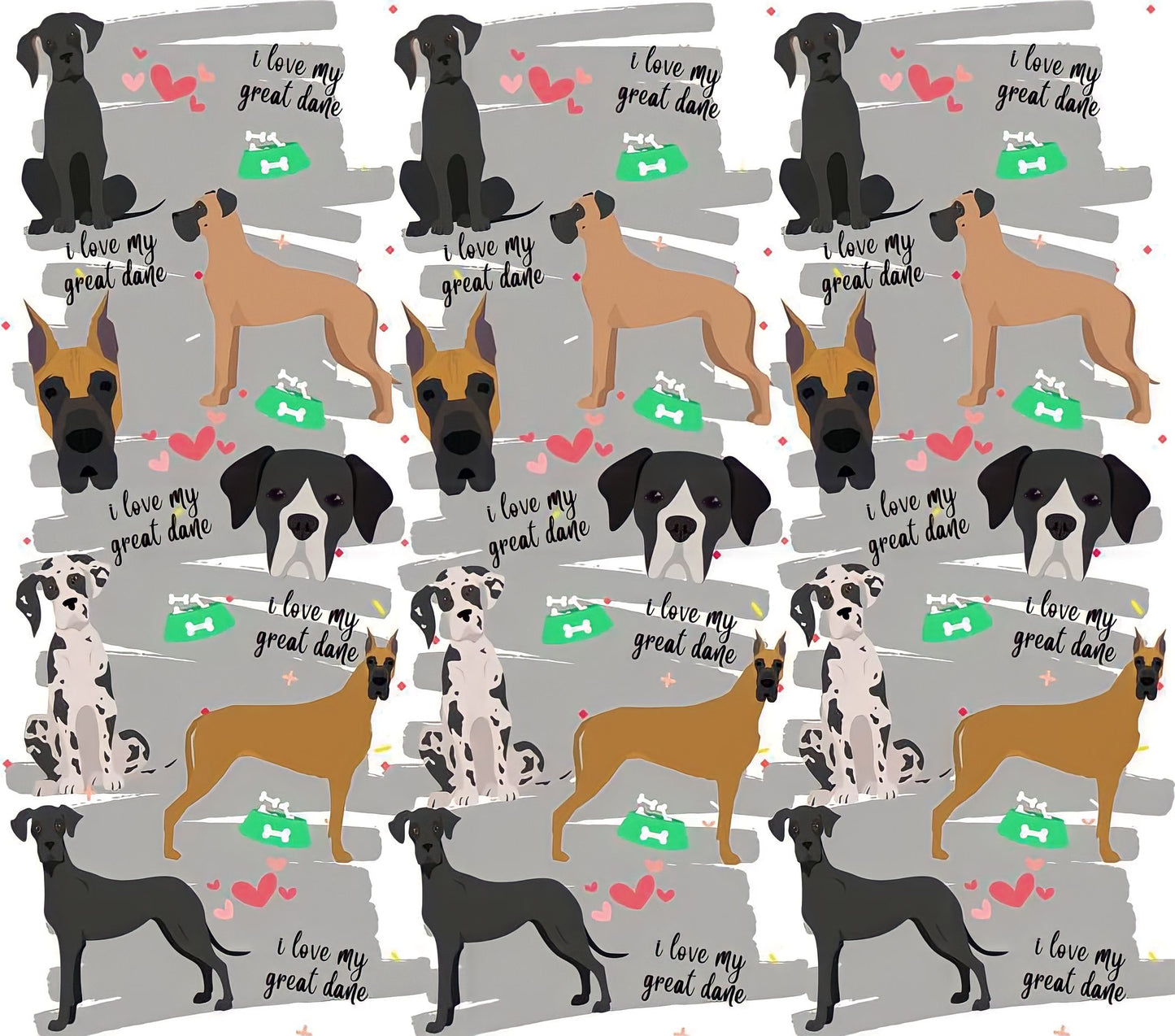 Great Dane Appreciation - Cartoon - "I Love My Great Dane" - Assorted Colored Dogs w/ Grey Background - 20 Oz Sublimation Transfer