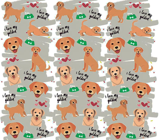 Golden Retriever Appreciation - Cartoon - "I Love My Golden" - Assorted Colored Dogs w/ Silver Background - 20 Oz Sublimation Transfer