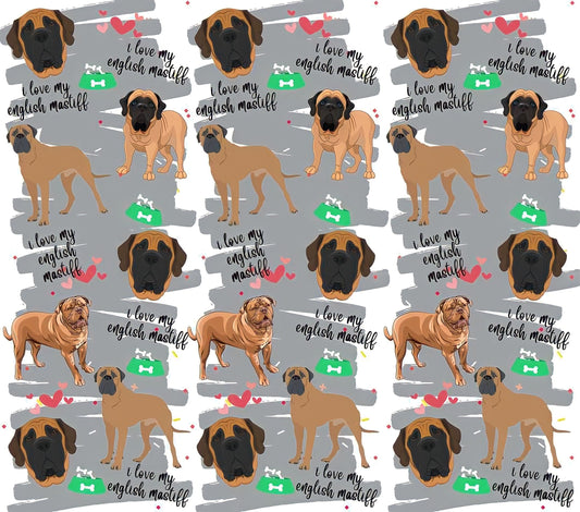 English Mastiff Appreciation - Cartoon - "I Love My English Mastiff" - Assorted Colored Dogs w/ Grey Background - 20 Oz Sublimation Transfer