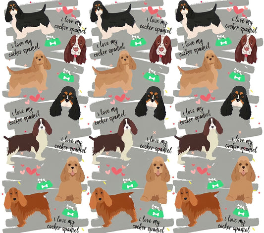 English Spaniel Appreciation - Cartoon- "I Love My ** Spaniel" - Assorted Colored Dogs w/ Dark Grey Background - 20 Oz Sublimation Transfer