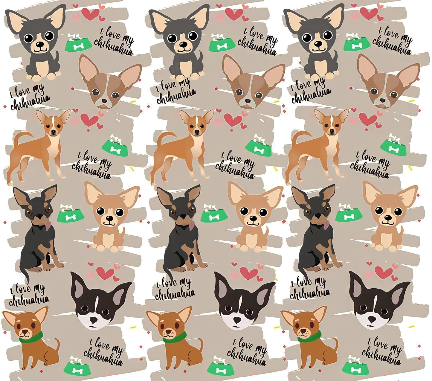 Chihuahua Appreciation - Cartoon - "I Love My Chihuahua" - Assorted Colored Dogs w/ Tan Background - 20 Oz Sublimation Transfer