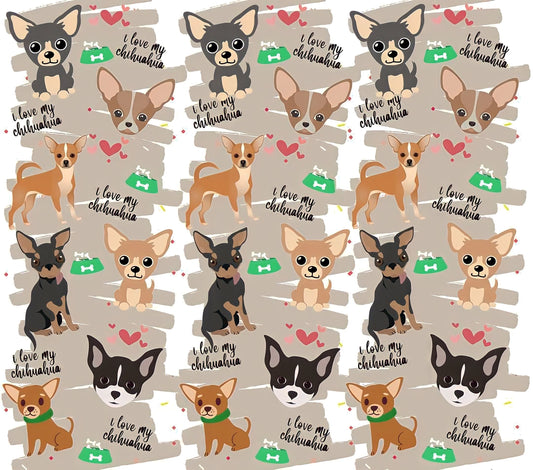 Chihuahua Appreciation - Cartoon - "I Love My Chihuahua" - Assorted Colored Dogs w/ Tan Background - 20 Oz Sublimation Transfer