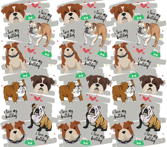 Bulldog Appreciation - Cartoon- "I Love My Bulldog" - Assorted Colored Dogs w/ Silver Background - 20 Oz Sublimation Transfer
