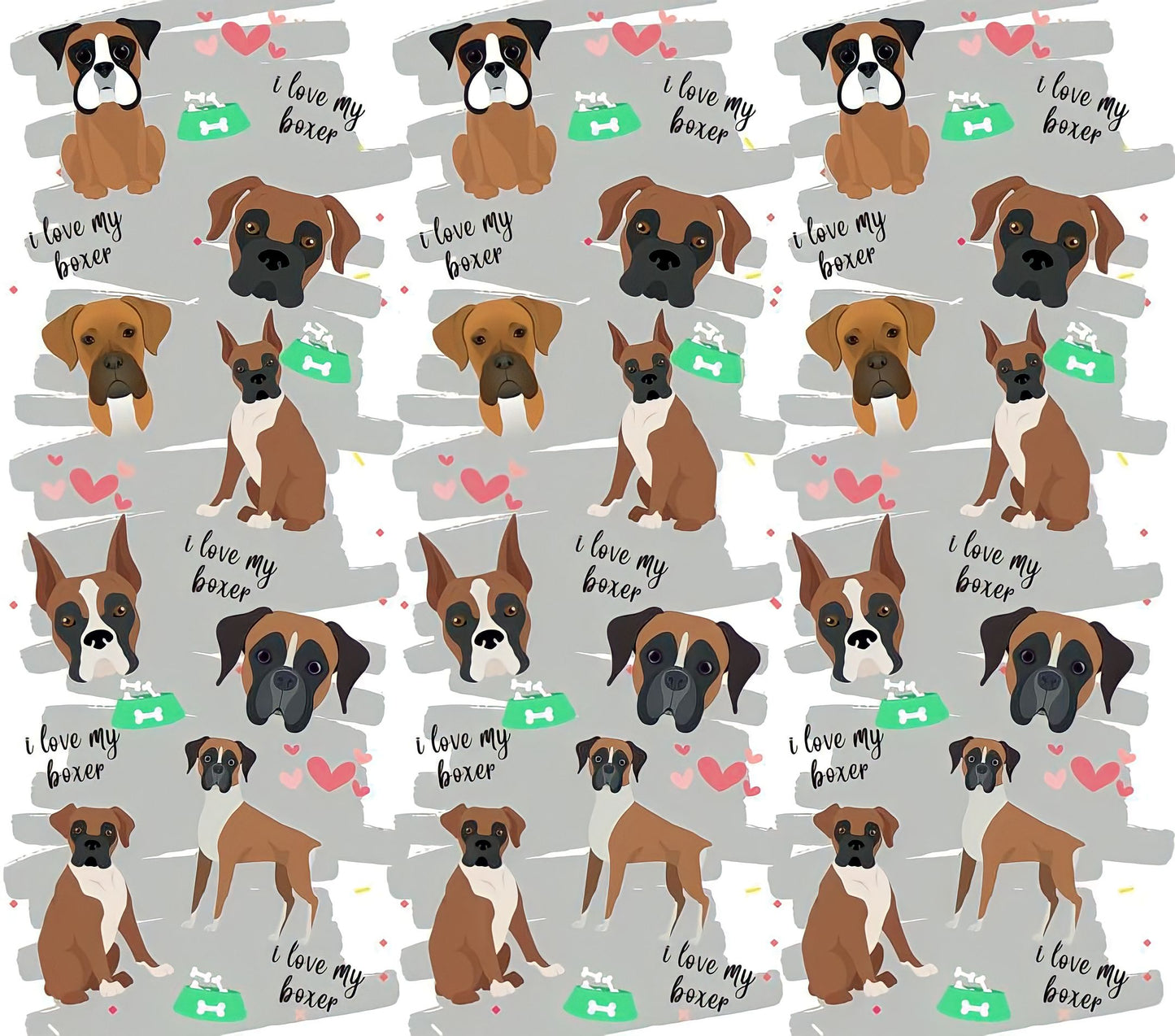 Boxer Breed Appreciation - Cartoon - "I Love My Boxer" - Assorted Colored Dogs w/ Silver & White Background - 20 Oz Sublimation Transfer