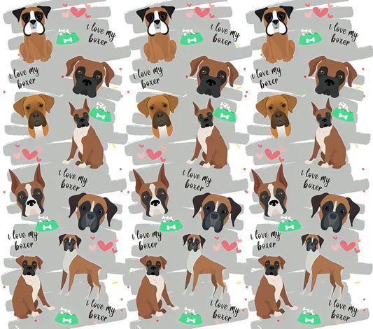Boxer Breed Appreciation - Cartoon - "I Love My Boxer" - Assorted Colored Dogs w/ Silver & White Background - 20 Oz Sublimation Transfer