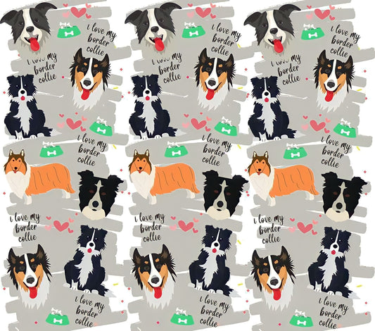 Border Collie Appreciation - Cartoon - "I Love My Border Collie"- Assorted Colored Dogs w/ Silver & White Background - 20 Oz Sublimation Transfer