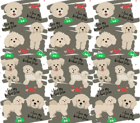 Bichon Frisé Appreciation - Cartoon - "I Love My Bichon Frise" - White Colored Dog w/ Dark Grey & White Background - 20 Oz Sublimation Transfer