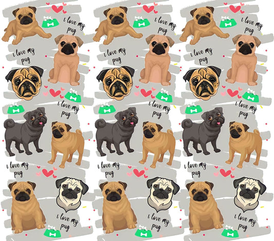 Pug Appreciation - "I Love My Pug" - Assorted Colored Dogs - Silver w/ White Background - 20 Oz Sublimation Transfer