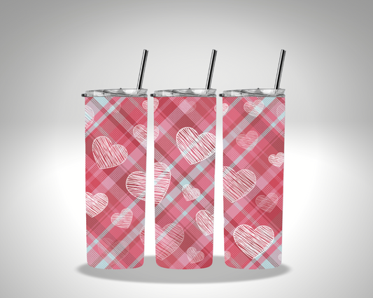 Valentines Pink Plaid Hearts Sublimation 20 oz tumbler