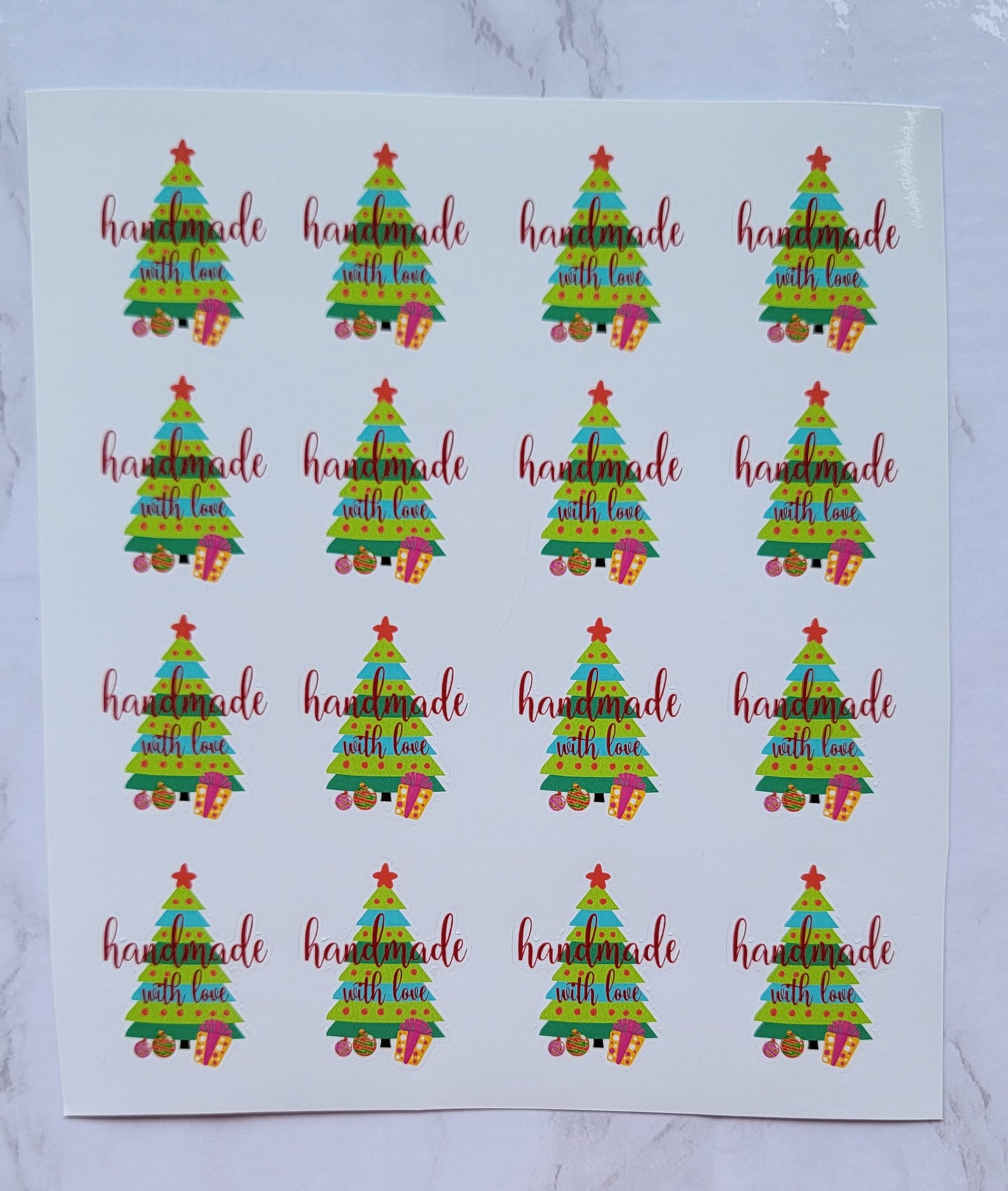 Christmas Theme - "Handmade With Love" - Multicolored Ordainments on Green Christmas Tree, Red Font - Waterproof Sticker Sheet