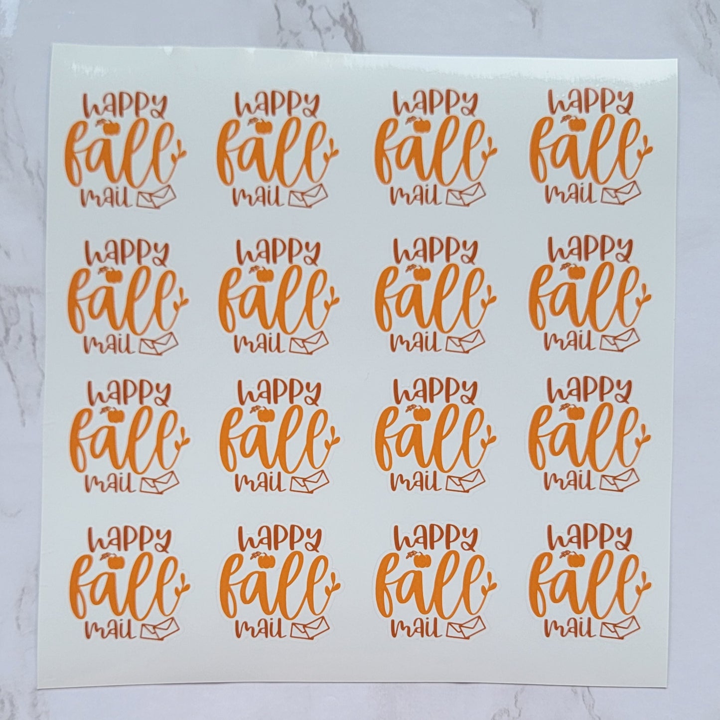 Autumn Theme - "Happy Fall Mail" - Dark/Light Orange w/ White Background - Waterproof Sticker Sheet