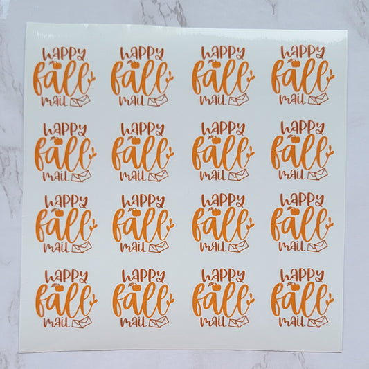 Autumn Theme - "Happy Fall Mail" - Dark/Light Orange w/ White Background - Waterproof Sticker Sheet