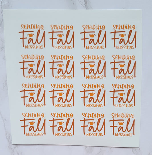 Autumn Theme - "Sending Fall Blessings" - Dark/Light Orange w/ White Background - Waterproof Sticker Sheet