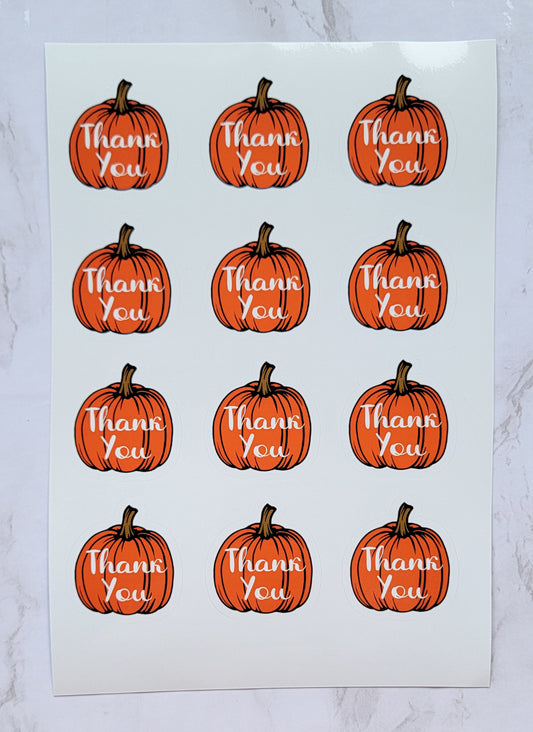 Autumn Pumpkin - "Thank You" - Orange Pumpkin w/ White Font - Waterproof Sticker Sheet