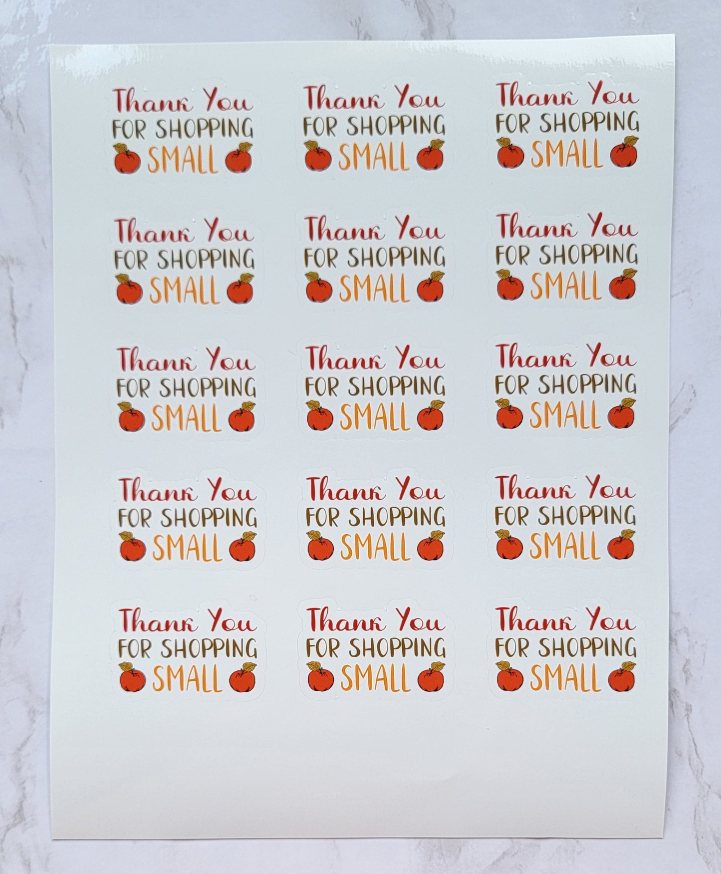 Small Business Appreciation - "Thank You For Shopping Small" - Red, Brown & Orange w/ White Background -  Waterproof Sticker Sheet