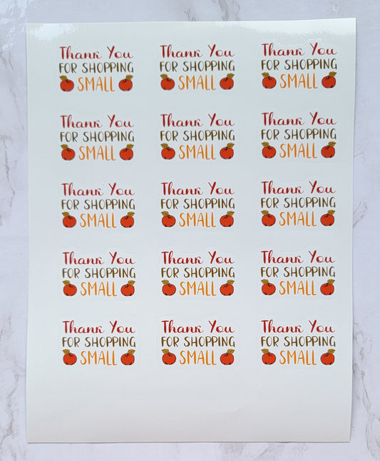 Small Business Appreciation - "Thank You For Shopping Small" - Red, Brown & Orange w/ White Background -  Waterproof Sticker Sheet