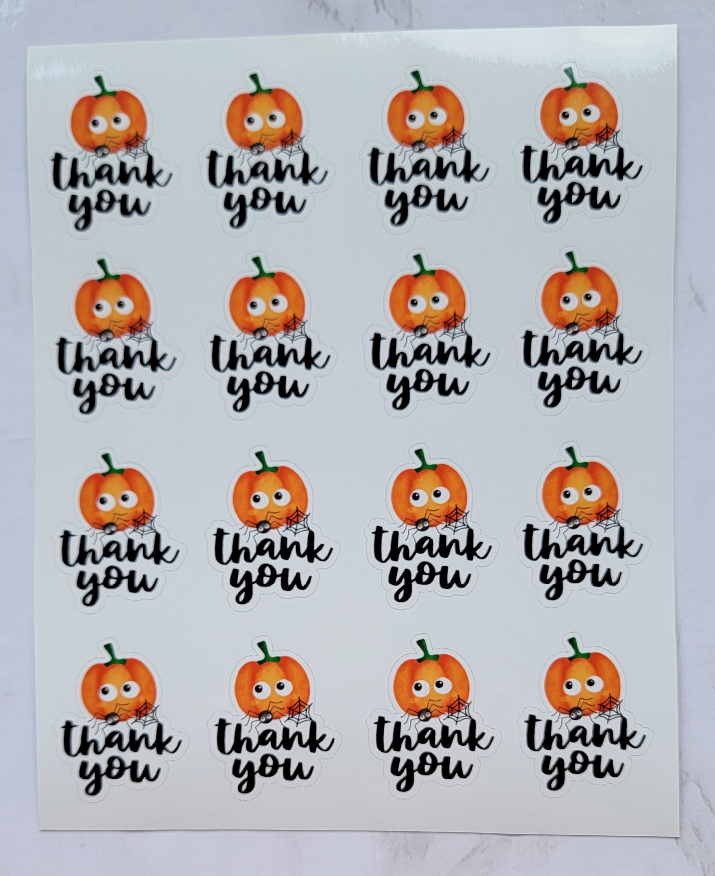 Halloween Theme - Smiling Pumpkin "Thank You" - Orange w/ Black letter on White Background - Waterproof Sticker Sheet