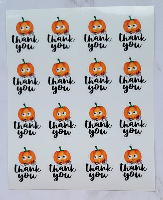 Halloween Theme - Smiling Pumpkin "Thank You" - Orange w/ Black letter on White Background - Waterproof Sticker Sheet