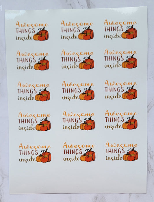 Autumn Theme - "Awesome Things Inside" - Orange Pumpkins w/ Orange & Brown letters on White Background - Waterproof Sticker Sheet