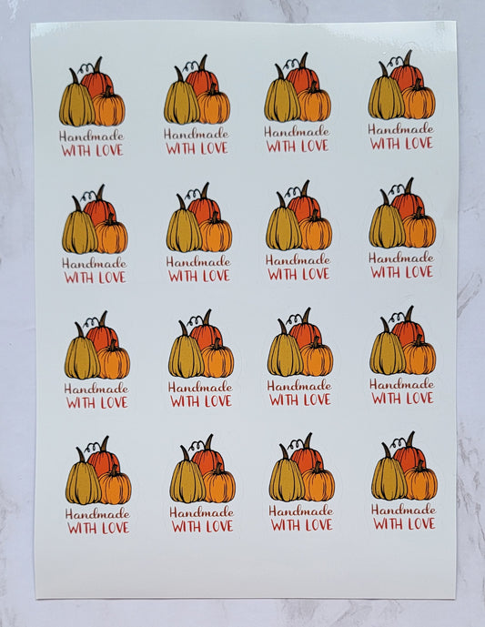 Autumn Theme - "Handmade With Love" - Assorted Pumpkins w/ Red Font, White Background - Waterproof Sticker Sheet