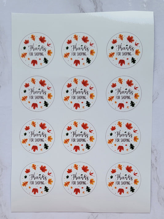 Autumn Theme -  "Thanks For Shopping" - Assorted Fall Leaves w/ White Background - Waterproof Sticker Sheet