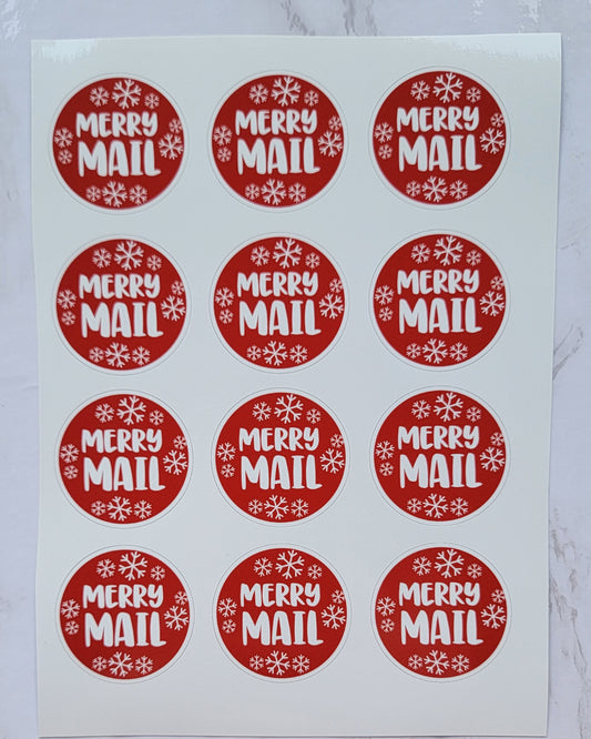 Christmas Theme - "Merry Mail" - Red Background w/ White Snowflakes - Waterproof Sticker Sheet
