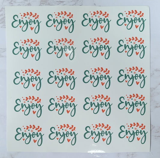 "Enjoy" - Cursive - Green w/ Orange Flower/Heart - White Background - Waterproof Sticker Sheet
