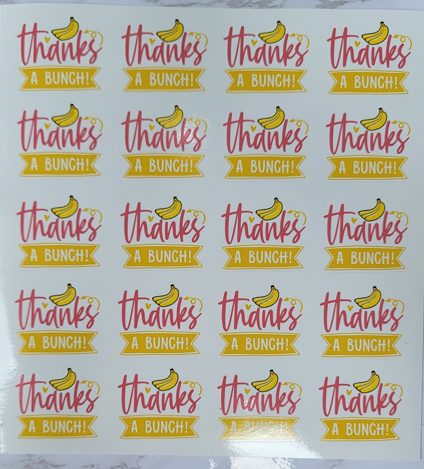 Banana Theme - "Thanks A Bunch" - Cursive - Pink & Yellow w/ White Background - Waterproof Sticker Sheet