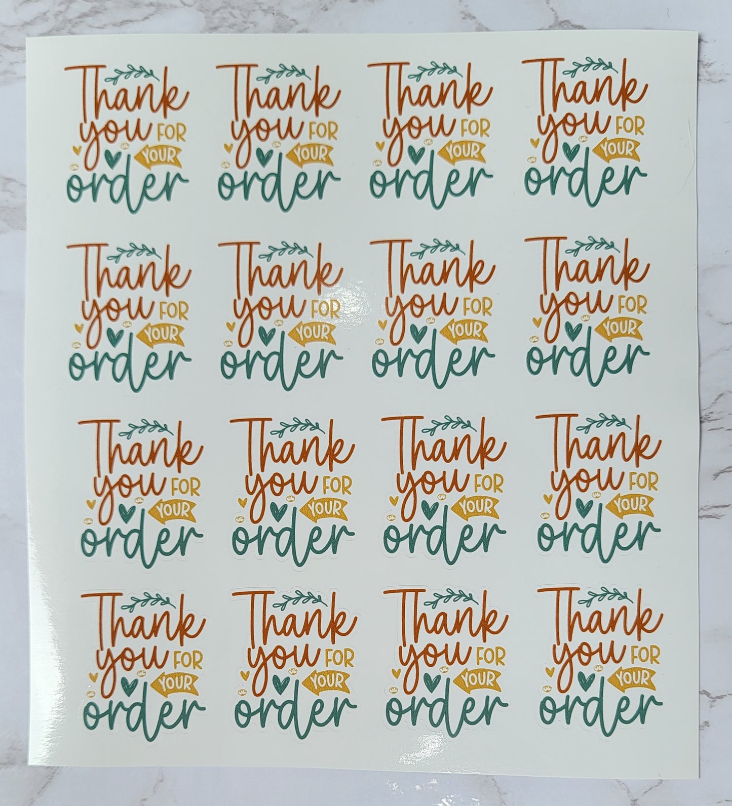 "Thank You For Your Order" - Cursive - Multicolored Font w/ White Background - Waterproof Sticker Sheet