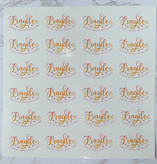 "Fragile. Please Handle With Care" - Cursive - Pink - Orange Fade Design w/ White Background - Waterproof Sticker Sheet