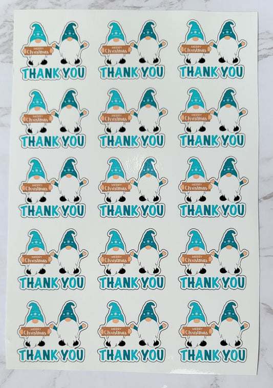 Christmas Theme - Cartoon Garden Gnome - "Thank You" - Light/Dark Blue w/ White Snowflakes - Waterproof Sticker Sheet