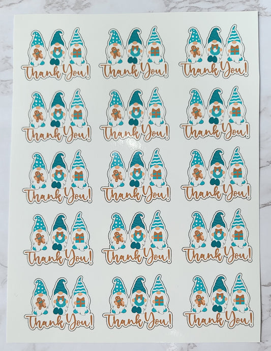 Christmas Theme - Cartoon Garden Gnome - "Thank You" - Light/Dark Blue w/ White Background - Waterproof Sticker Sheet