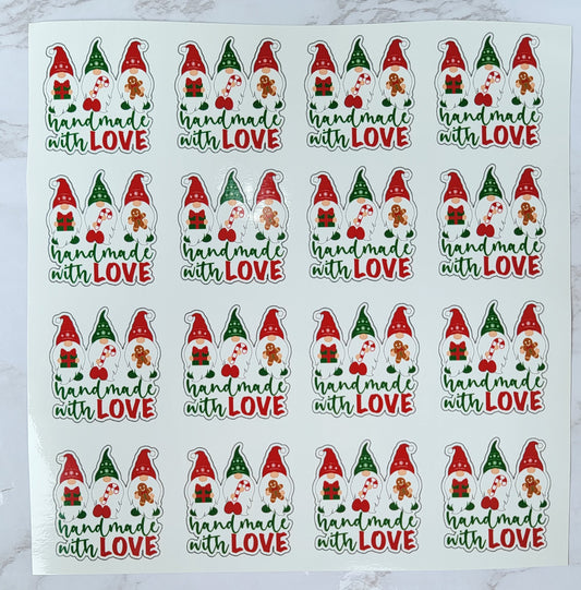 Christmas Theme - Cartoon Garden Gnome - "Handmade With Love" - Red & Green w/ White Snowflakes - Waterproof Sticker Sheet