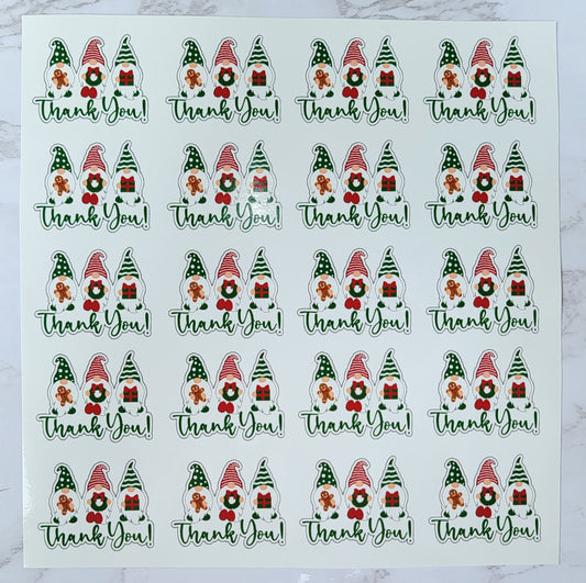 Christmas Theme - Garden Gnome - Cartoon - "Thank You" - Assorted Colors w/ White Background - Waterproof Sticker Sheet