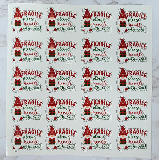 Christmas Theme - Garden Gnome - Cartoon - "Fragile, Please Handle With Care" - Red & Green w/ White Background - Waterproof Sticker Sheet