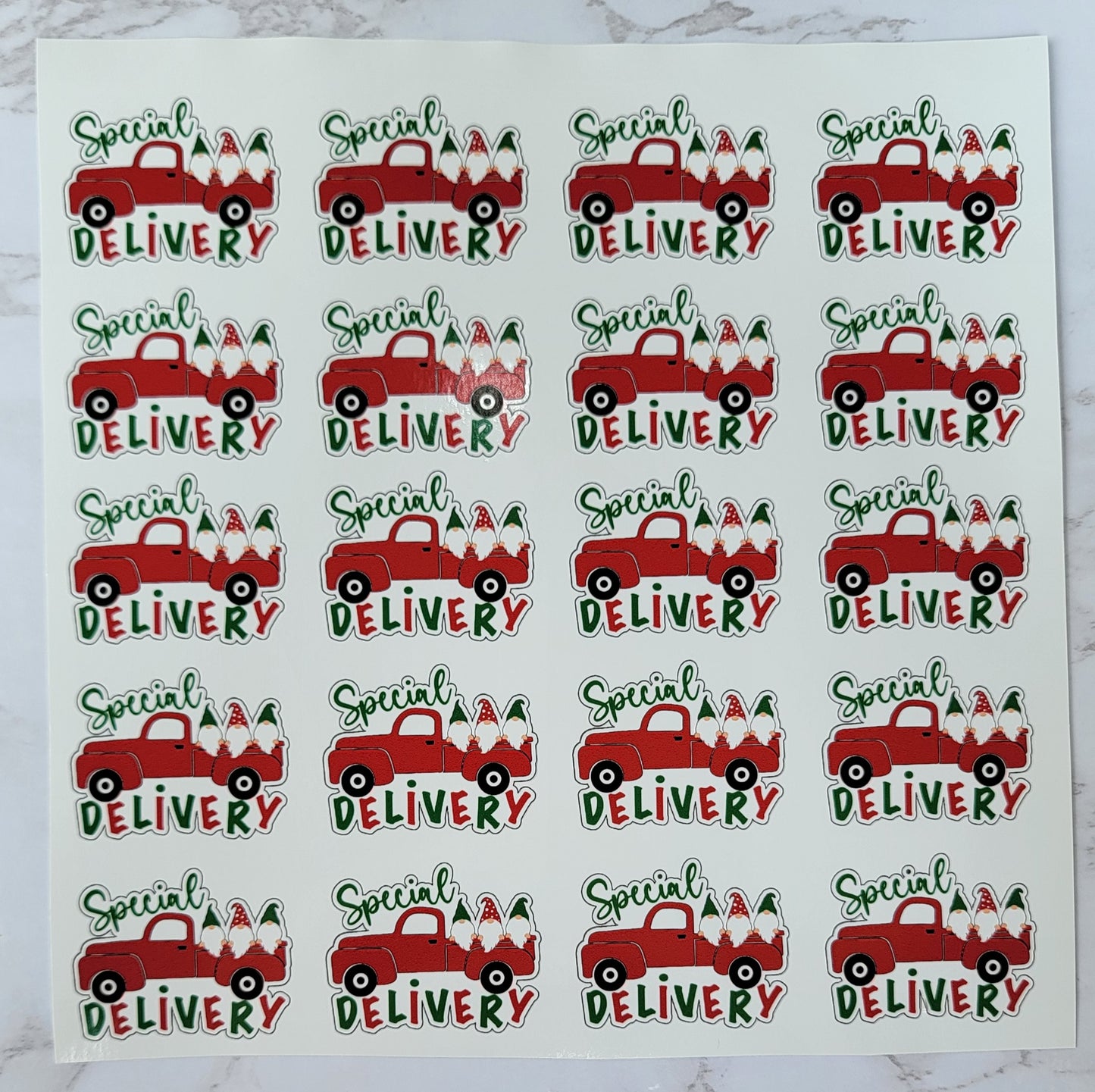 Christmas Theme - Assorted Garden Gnomes - Cartoon - Red Truck w/ White Background, Assorted Color Font - Waterproof Sticker Sheet