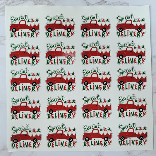 Christmas Theme - Assorted Garden Gnomes - Cartoon - Red Truck w/ White Background, Assorted Color Font - Waterproof Sticker Sheet
