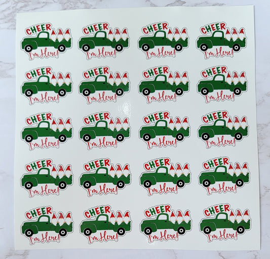Christmas Theme - Assorted Cartoon Garden Gnome - Green Truck w/ White Background, Multicolored Font - Waterproof Sticker Sheet