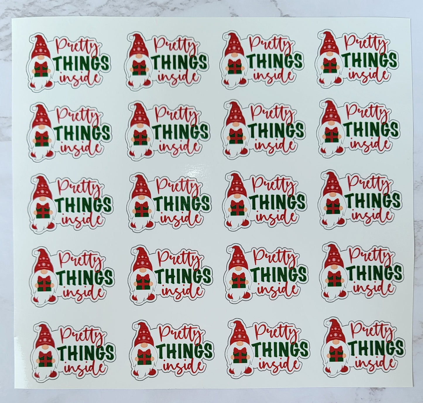 Christmas Theme - Cartoon Garden Gnome - "Pretty Things Inside" - Red & Green w/ White Background - Waterproof Sticker Sheet